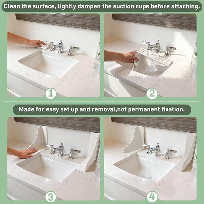 No-Adhesive 2-Pack All-Silicone Shower Splash Guard with Strong Suction Cups, Reusable Bath Tub Corner Water Blocker for Secure Seal&Easy Removal，Keep Water in Shower or Bath, One-Piece Design, White