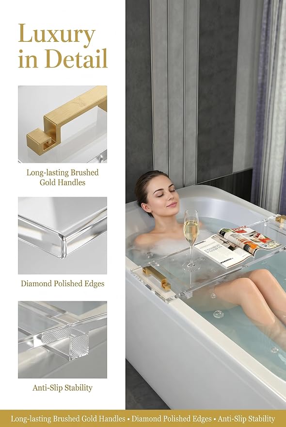 42" transaprent Bathtub Caddy with Gold Handle for Luxury Bathroom Bathtub Acrylic Tray for Large Soaking Tub