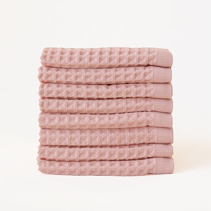 Waffle Washcloths Set of 8 Pink - Premium Quality 100% Turkish Cotton Face Washcloth, Soft Makeup Towel, Shower Cloth, Kitchen Towel (Light Pink, Set of 8 Washcloths)