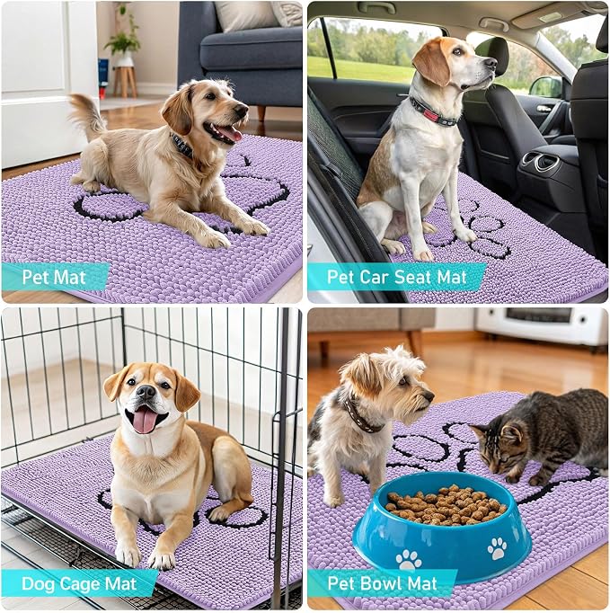 OLANLY Dog Door Mat for Muddy Paws 36x24, Paw Print Design, Absorbs Moisture and Dirt, Absorbent Non-Slip Washable Doormat, Quick Dry Chenille Mud Mat for Dogs, Entry Indoor Entryway Carpet, Lavender