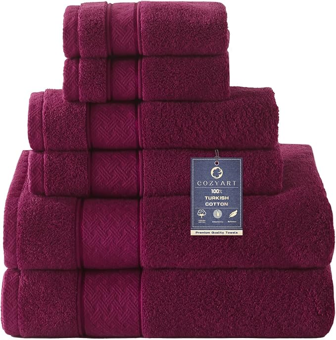 COZYART Burgundy 6 Pcs Bath Towel Set 100% Zero Twist Turkish Cotton 650GSM | Ring Spun, Fluffy, Ultra Soft, Fast Drying, Absorbent for Daily Bath Use