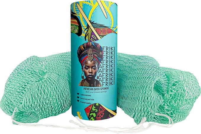 African Net Sponge, Premium Authentic Exfoliating Body Scrubber, Extra Long Stretch Bath Sponge for Shower, Deep Exfoliating Washcloth for Smooth Skin, 1 Pack (Seafoam)