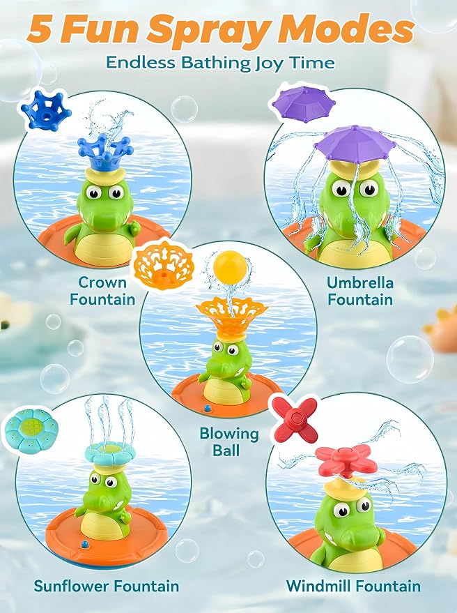 Bath Toys for Toddlers - Light Up Crocodile Fountain with 5 Spray Modes, ABS Plastic Bath Toy for Bathroom & Swimming Pool