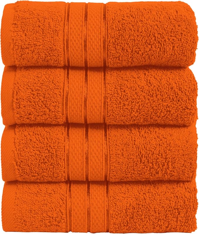 Elegant Comfort Three Line Popcorn Towel Set for Bathroom 16 x 28 inches, Premium Hotel Quality 4-PACK Hand Towels, 100% Turkish Cotton, Soft and Durable,Quick Dry and Highly Absorbent, Vibrant Orange