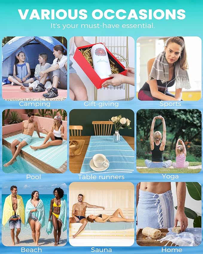 6 Pack Turkish Beach Towels Quick Dry Sand Free Soft Absorbent Extra Large Xl Big Blanket Adult Oversized Bath Pool Swim Towel Lightweight Thin Fast Drying Compact No Sand Packable Vacation Essentials