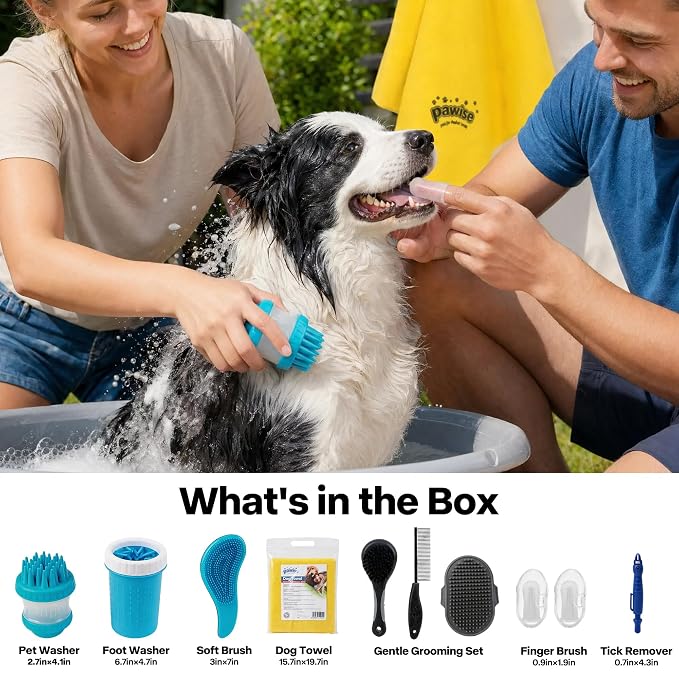 PAWISE Dog Grooming Kit 7-in-1, Dog Bath Brush Set with Pet Washer, Paw Washer, Soft Brush, Finger Brush, Tick Remover & Microfiber Towel - Pet Grooming Supplies for Dogs and Cats