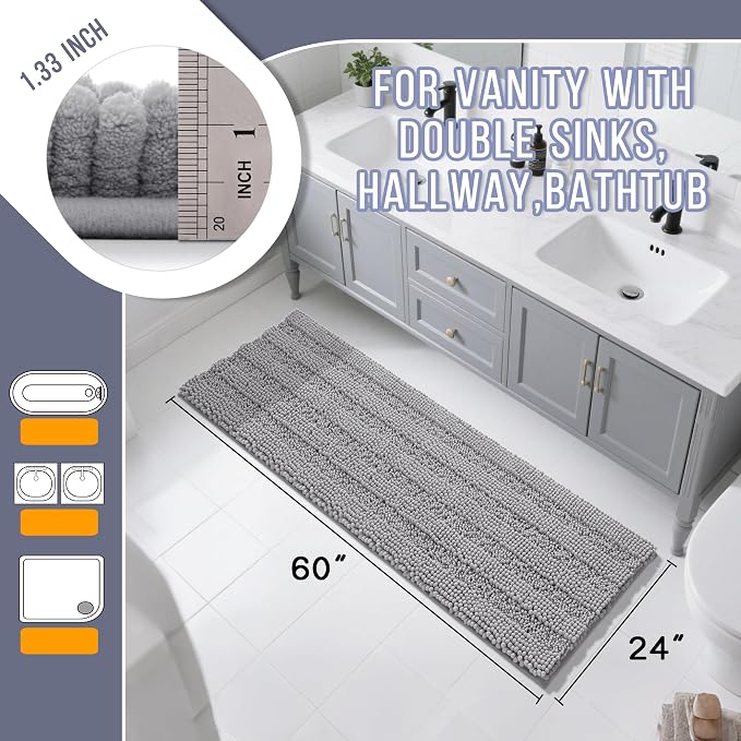 Yimobra Bathroom Runner Rugs 60"x24", Non Slip and Absorbent Bath Mat, Super Soft Water Absorbent Hallway Carpet, Machine Washable Rug for Vanity Tub Shower, Gray