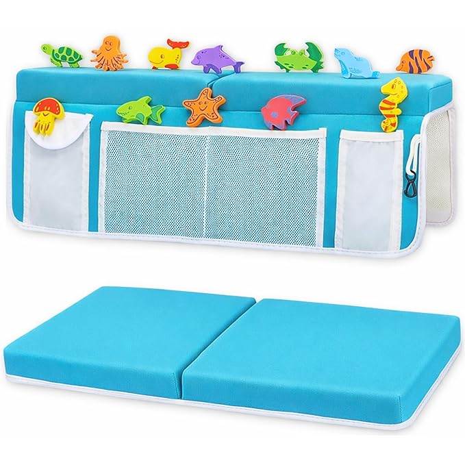 Supa Ant Bath Kneeler – 8 Suction Cups & 1.5" Thick Padding. Award Winning Baby Bath Kneeler and Elbow Rest Pad Set with 5 Bath Toy Organizer Pockets. Non Slip Fast Drying Baby Bath Essentials Blue