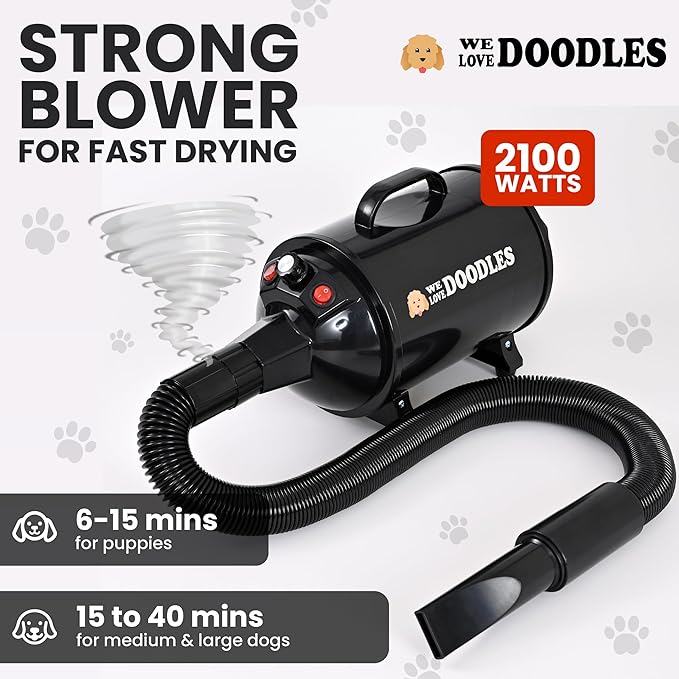 We Love Doodles Dog Dryer with Adjustable Speed & Temperature Control - High Velocity Hair Dryer, Pet Hair Dryers for Dogs, Blow Dry Quickly & Blow Out Undercoat - Grooming (Black)