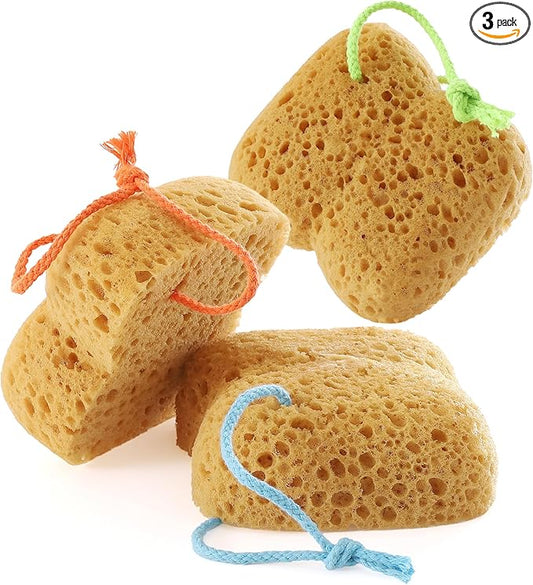 Bath Sponges for Adults, 3Pcs Exfoliating Body Sponges Shower Scrub Wash Puff Dense Foam for Gentle & Deep Cleansing for Sensitive Dry Skin (Assorted Color Loops)