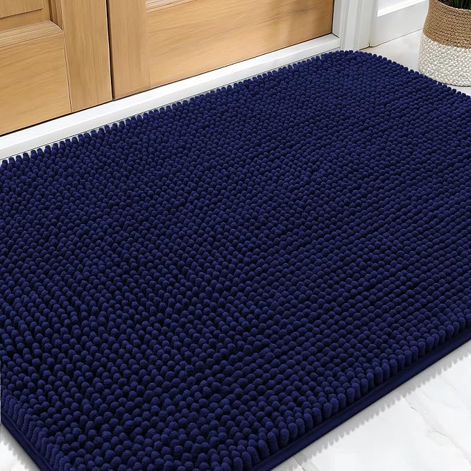 OLANLY Dog Door Mat for Muddy Paws 30x20, Absorbs Moisture and Dirt, Absorbent Non-Slip Washable Doormat, Quick Dry Chenille Mud Mat for Dogs, Entry Indoor Entryway Carpet for Inside Floor, Navy Blue