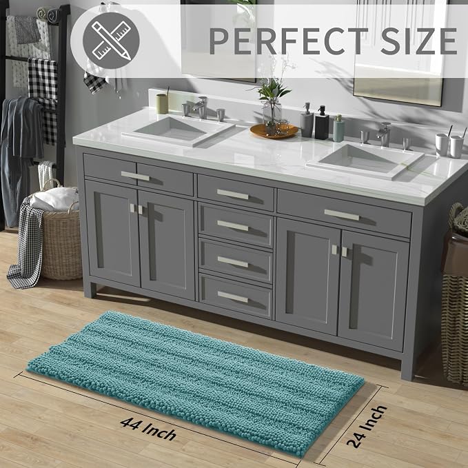 Yimobra Bathroom Rug Mat 44 x 24, Non Slip and Super Absorbent Bath Mat,Machine Washable Quick Dry,Ultra Plush Chenille Shower Rugs for Bathroom Floor Sink Tub and Shower Outside,Teal Blue