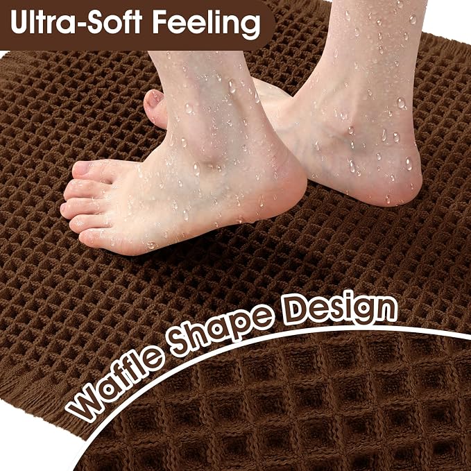Upgraded Waffle Bath Mat Set 3 Piece Brown, Super Absorbent Non-Slip Quick Dry Bathroom Rugs with Tassels, Machine Washable Ultra Soft Boho Bath Rugs for Floor, Toilet Mats Boho Farmhouse Decor