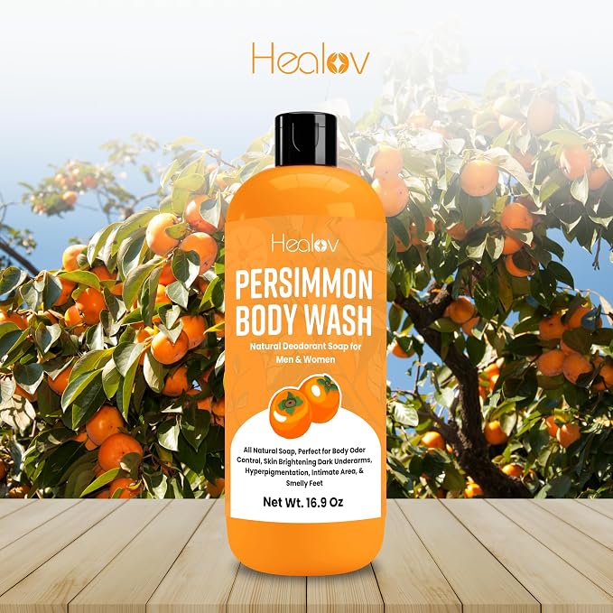 Healov Persimmon Body Wash for Body Odor Control – Natural Deodorant Soap for Eliminating Odor – Underarms, Intimate Inner Thigh, Bikini Area, Smelly Feet – Purifying Deodorizing Soap, Kids Safe