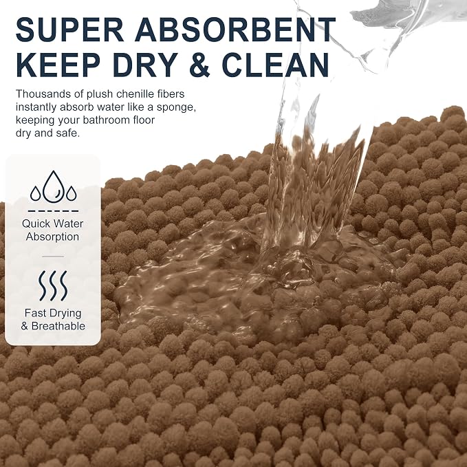 Smiry Thick Chenille Bathroom Rugs 36x24, Extra Soft Absorbent Striped Bath Mat, Machine Washable, Rubber Backing, Bath Rugs for Bathroom, Tub & Shower, Modern Home Decor Accessories, Mocha