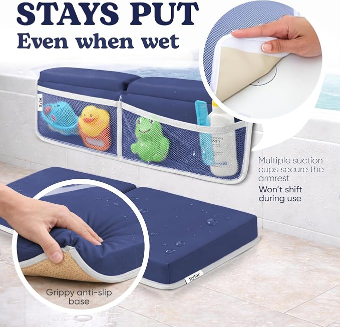 Rylor Premium Baby Bath Kneeler Mat & Elbow Rest Pad Set – Comfortable Bath Kneeler and Elbow Kneeling Rest Pad for Parents, Extra Long 26'', 2.4'' Thick, Non-Slip Support for Easy Bath Time (Blue)
