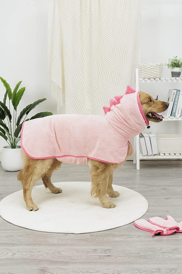 Pawyee Super Soft Fast-Drying Dog Towel Microfiber Bath Robe Design for Cats and Dogs (Medium, Pink Dino)