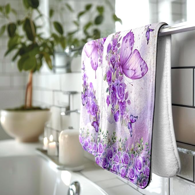 Purple Butterfly Flowers Hand Towels - Floral Decorative Coral Fleece Fingertip Towel for Home Guest Bathroom