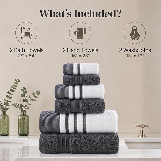 Modern Threads 6-Piece Towel Set – 100% Cotton, Quick Dry, Ultra Absorbent – Includes 2 Bath, 2 Hand, 2 Washcloths (White/Reinhart Charcoal)