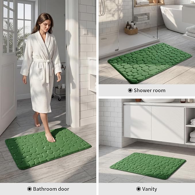 YIHOUSE Memory Foam Runner Rug, Cobblestone Bathroom Runner Rugs Super Water Absorbent Bath Mats for Bathroom Machine Washable Bath Rugs for Hallway Bedroom Laundry Room(24 x 47,Green)