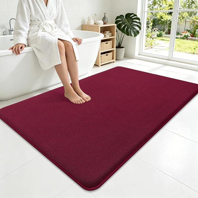 Smiry Memory Foam Bath Mat 59x35, Extra Soft Bathroom Rug, Ultra Absorbent, Quick Dry, Machine Washable Bathroom Mat for Shower, Tub & Floor Decor, Burgundy