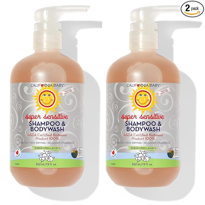 California Baby Super Sensitive Baby Shampoo + Baby Wash | 100% Plant-Based | Unscented Body Wash For Sensitive Skin | Hypoallergenic | 19 oz (2-Pack)