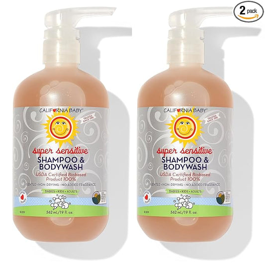 California Baby Super Sensitive Baby Shampoo + Baby Wash | 100% Plant-Based | Unscented Body Wash For Sensitive Skin | Hypoallergenic | 19 oz (2-Pack)