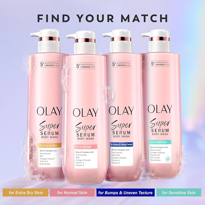 Olay Super Serum Body Wash for Sensitive Skin, 24hr Long Lasting Rich Hydration, 5+ Ingredient Complex for Bright, Even, Firm & Luminous Skin, with Collagen Peptide, Vitamin B5 & Shea Butter, 20 fl oz