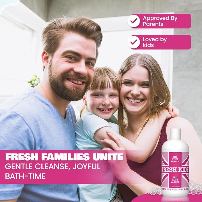 Fresh Kidz Body Wash for Kids and Teens - Gentle Bath and Shower Cleanser for All Skin Types - Girls Pink, 16.9 Fl.Oz.