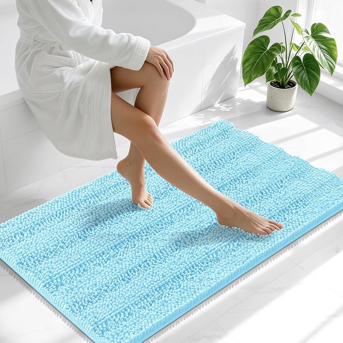 Smiry Thick Chenille Bathroom Runner Rugs 44x24, Extra Absorbent Striped Bath Mat, Machine Washable, Rubber Backing, Long Bath Rugs for Bathroom, Tub & Shower, Home Decor Accessories, Sky Blue