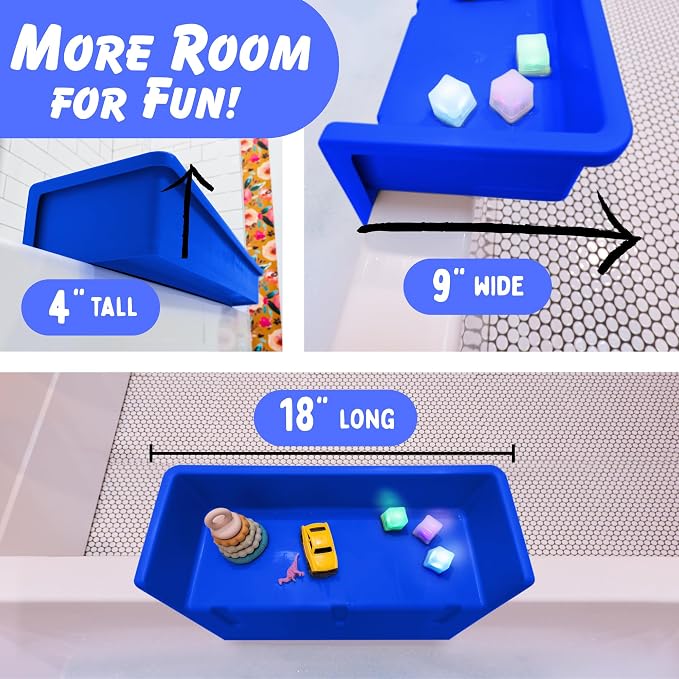 Tub Topper Mini Bathtub Splash Guard & Bath Shelf for Kids - Toy Tray, Blue | Toddler Storage Ledge, Patented Lip Design, Non-Silicone, BPA-Free, Easy to Remove & Clean, Made in USA
