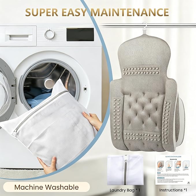 Full Body Bath Pillow, Luxury Bath Cushion with 192 Suction Cups, Bath Pillows for Tub for Head and Neck Support, with Laundry Bag White, 63" x 16"