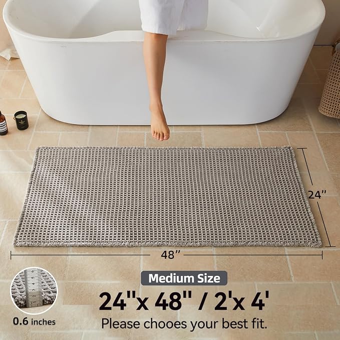 Triohero Waffle Bath Mat, Boho Bathroom Rugs Non Slip Washable, Ultra Soft Super Absorbent Quick Dry Farmhouse Bathroom Decor, 24" x 48", Light Grey