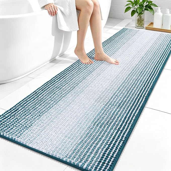 OLANLY Bathroom Runner Rugs 59x24, Extra Soft Absorbent Chenille Striped Bath Rugs, Rubber Backing, Machine Wash Dry, Long Bath Mats for Bathroom, Tub, Shower, Home Decor Accessories, Peacock Blue
