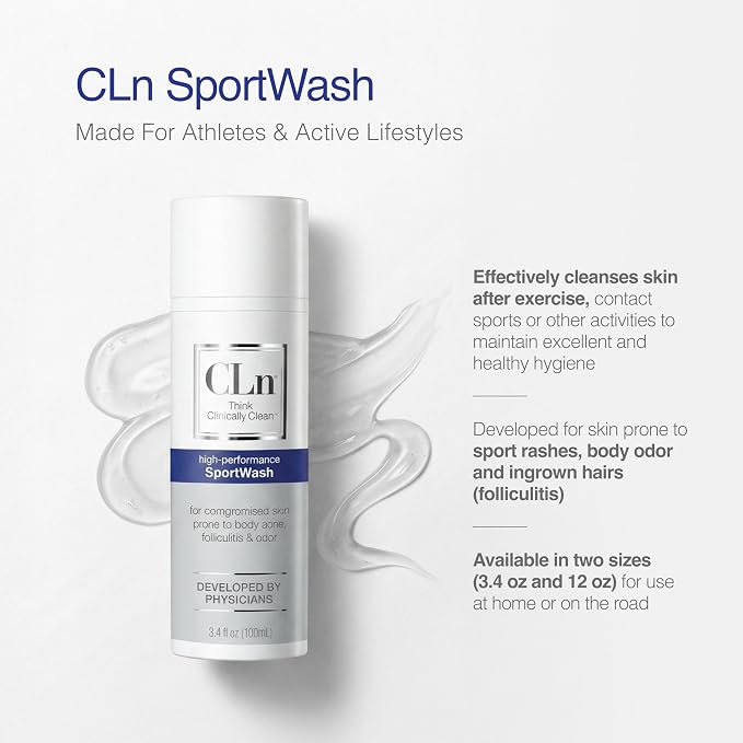 CLn® SportWash – High-Performance Sport Body Wash, For Men & Women Prone to Body Odor, Foot Odor, Ringworm, Folliculitis, & Back Acne, Fragrance-Free & Paraben-Free, 3.4 fl. oz.