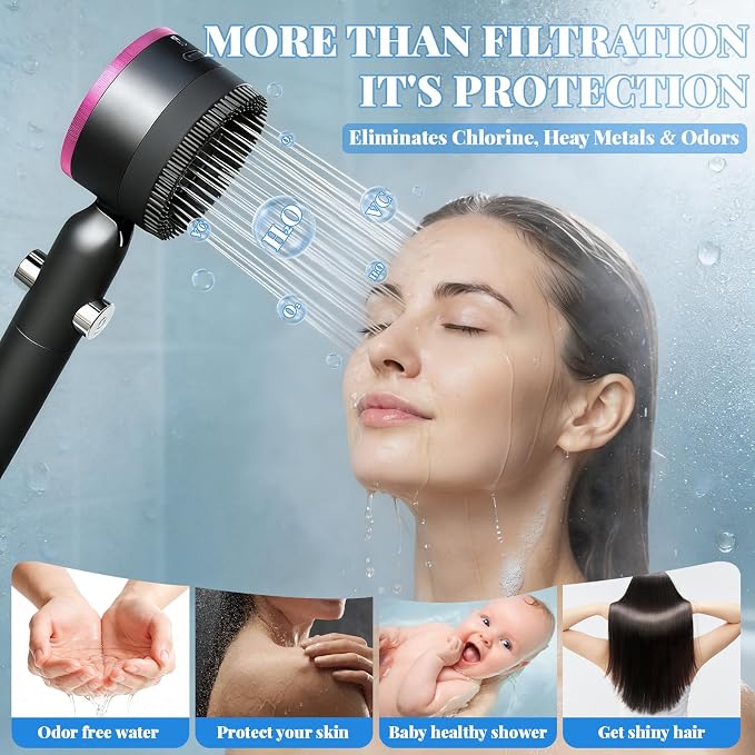 Filtered Handheld Shower Head, High Pressure Power Showerhead with 5 Filters & 59" Flexible Hose, 360° Rotating Adjustable Shower Head with Wall Holder & ON/Off Switch for Hair & Skin, Black