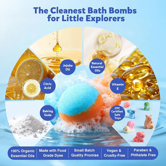 20 Kids Bath Bombs with Surprise Jungle Animal Toys, Child-Safe Gift Set | Jungle animal toys inside, natural ingredients, kid-safe formula, non-staining fizz, birthday & holiday gift, travel-friendly