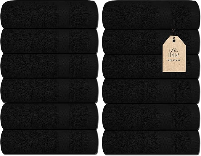 Soft Wash Cloths - 12 Pack Plush and Absorbent Cotton Washcloths for Face, Body, and Baby - Multi-Purpose, Quick-Dry Wash Cloths Set 13x13'' (Black)