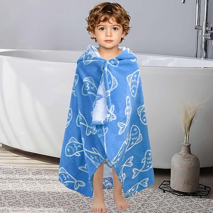 VOOVA & MOVAS Toddler Bath Towel with Hood, (0-3Years,40"X25"),Made from 100% Soft Cotton,Absorbent Hooded Towel Wrap for Baby Boy,Perfect for Pool | Swimming | Bath | Beach,Jacquard Blue Fish