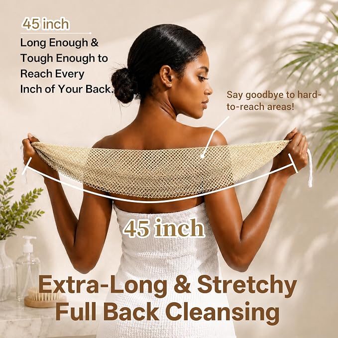 African Net Sponge for Shower, 2PCS Exfoliating Shower Sponge with Waterproof Travel Bag, Quick-Drying African Wash Cloth for Deep Cleansing & Smooth Skin (Linen & Light Brown)