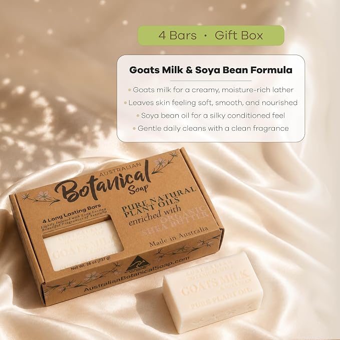 Australian Botanical Soap 6.5 OZ Pack of 4, Goat Milk Soap Bars with Soya Bean Oil, Enriched with Organic Shea Butter, Suitable for All Skin Types