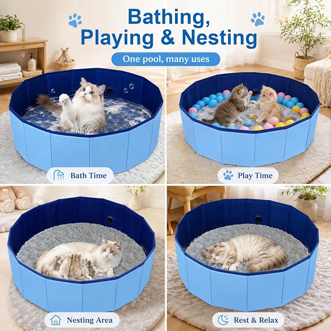 Cat Bath Tub, Foldable Cat Bath Pool with Water Drain Plug, Space Saving Pet Bathtub for Pet Puppy Dogs Cats, Easy to Clean, Can be Used Indoors or Outdoors