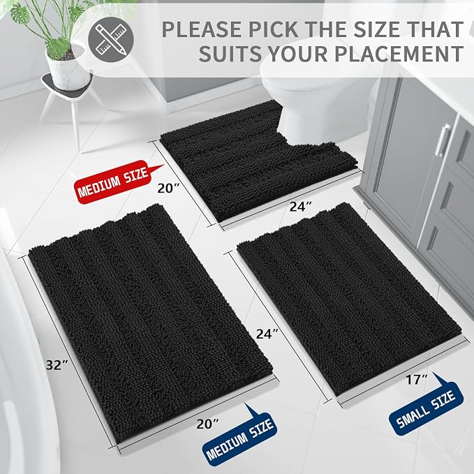 Yimobra Toilet Rugs U Shaped Washable 24 x 20, Non Slip and Super Absorbent Toilet Mat, Quick Dry, Ultra Luxury Microfiber Chenille Plush Fluffy Contour Bath Rugs for Toilet Base, Black