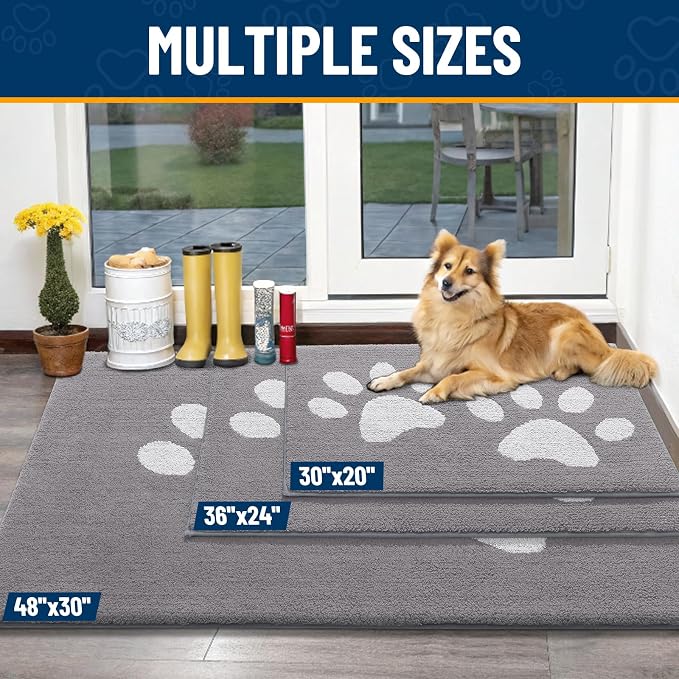 Smiry Dog Door Mat for Muddy Paws, Absorbs Moisture and Dirt, Low-Profile Entryway Mat with Non-Slip Backing, Entry Indoor Outdoor Doormat for Inside Floor (48x30 Inches, Light Grey, Paw)