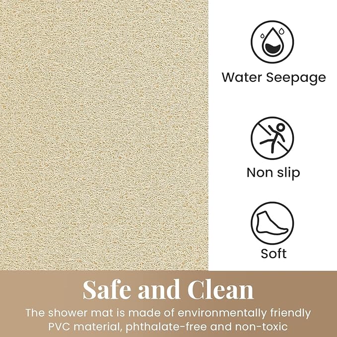 Shower Mat Bathtub Mat Non-Slip,36x16 inch, Soft Tub Mat with Drain,PVC Loofah Bath Mat (Phthalate Free) for Tub and Bathroom,Quick Drying,Khaki
