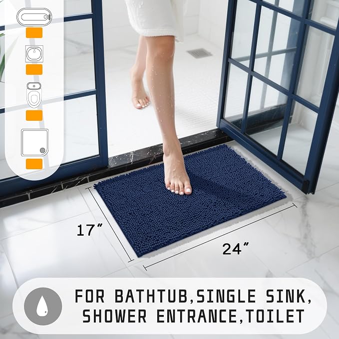 Yimobra Washable Bathroom Rugs, Super Soft & Absorbent Chenille Bath Mat for Floor & Carpet, Quick Dry Non Slip Bath Mat for Tub Shower, 24" x 17",Navy Blue