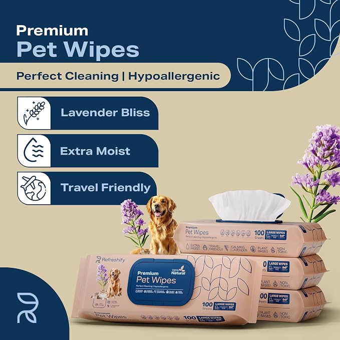 REFRESHIFY Dog Wipes for Paws and Butt - Plant Based Lavender Scented (Pack of 400) - Pet Wipes for Dogs and Cats - Deodorizing Non Toxic Dog Wipes, +12 Additional Travel Wipes
