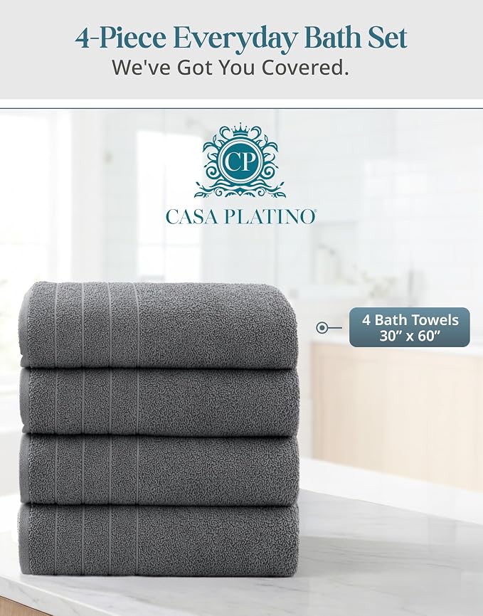 Casa Platino 100% Cotton Bath Towels Set of 4 (30"x60") - Ring Spun Mercerized Cotton Bathroom Towel Sets - Quick Dry, Soft & Absorbent Grey Towels Set - Pre Shrunk, Fade Resistant - Ultimate Grey