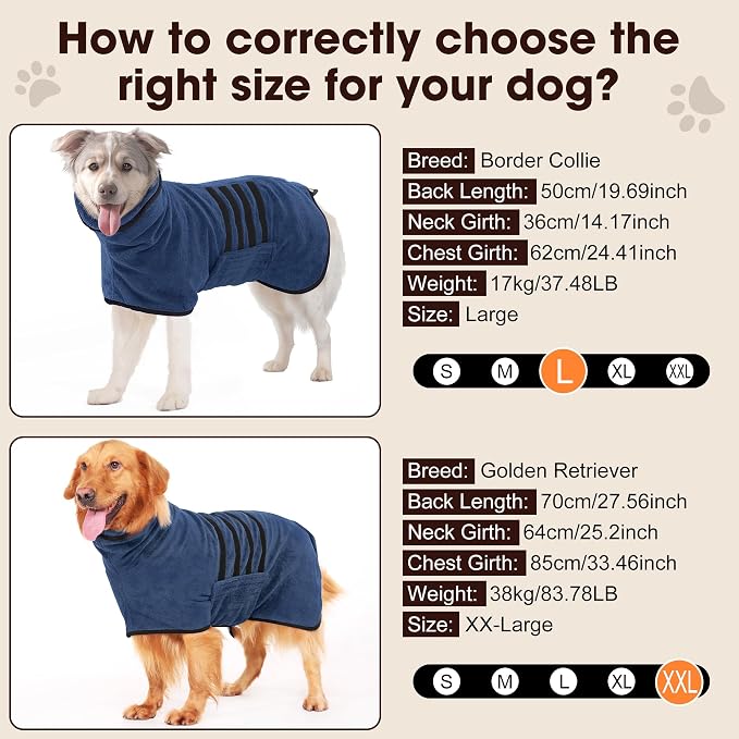 Microfibre Dog Bathrobe Towel Wrap Super Absorbent Dog Drying Coat Bath Robe for Puppy, Medium & Large Dogs, Fast Drying, Adjustable