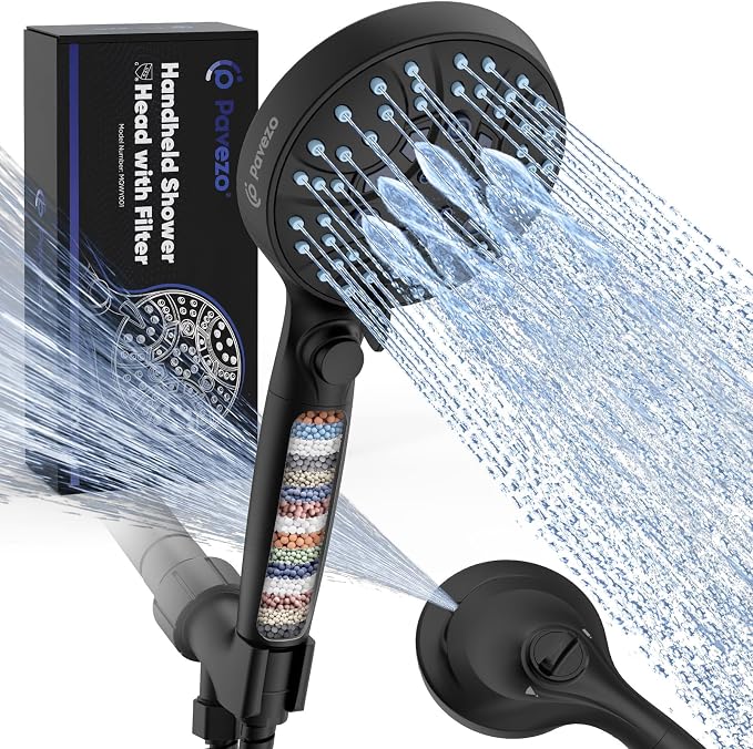 High Pressure Handheld Shower Head with Filter & ON/OFF Switch, Modern Black